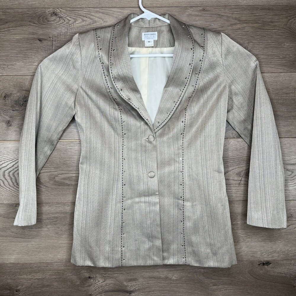 Hobby Horse Woman M Taupe Strip Blk Stitch Sequined 2 Button Western Show Jacket - Picture 2 of 11